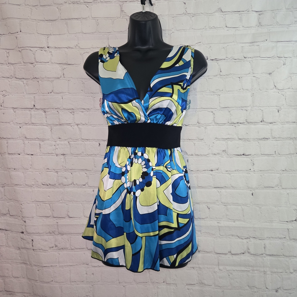 BCX Blue and Lime‎ Patterned V-Neck Blouse